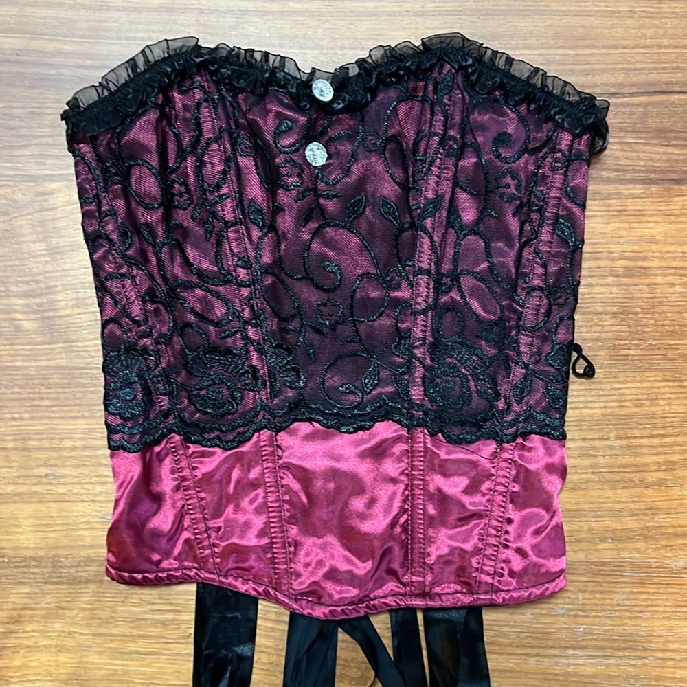 Satin Boned Corset Burgundy and Black  Lace up Zipper In Side Satin Look